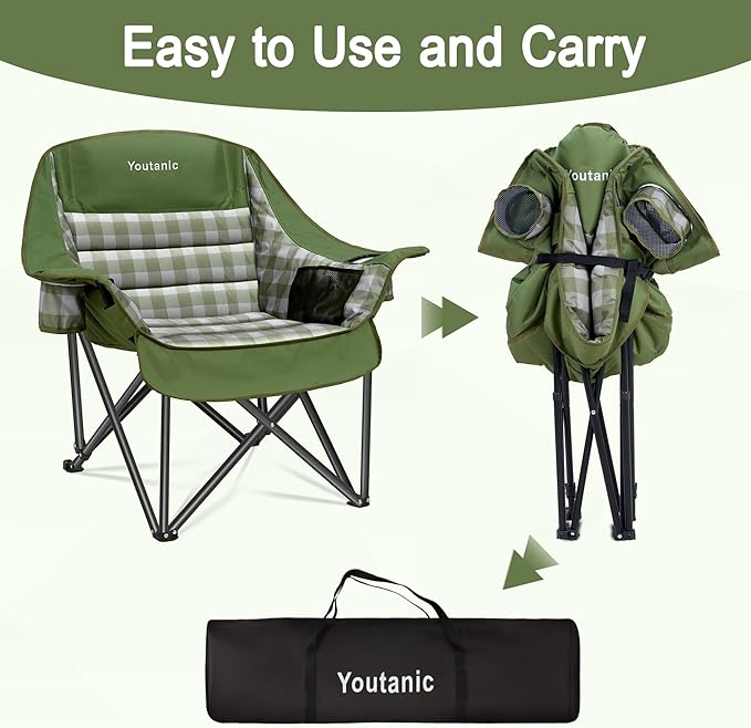 Youtanic Padded Camping Chairs for Adults, Heavy Duty 400 lbs Foldable Lawn Chair, Oversized Ergonomic Outdoor Seat with Classic Plaid Design, Cup Holders & Storage Pockets for Fishing, Sports, Green