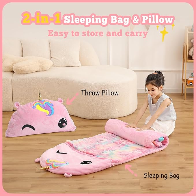 Kids Sleeping Bag, Plush Toddler Slumber Bag 2-in-1 Pillow, Soft Sleeping Bag, Nap Mats for Preschool,Daycare,Travel,Gift, Ages 3-12