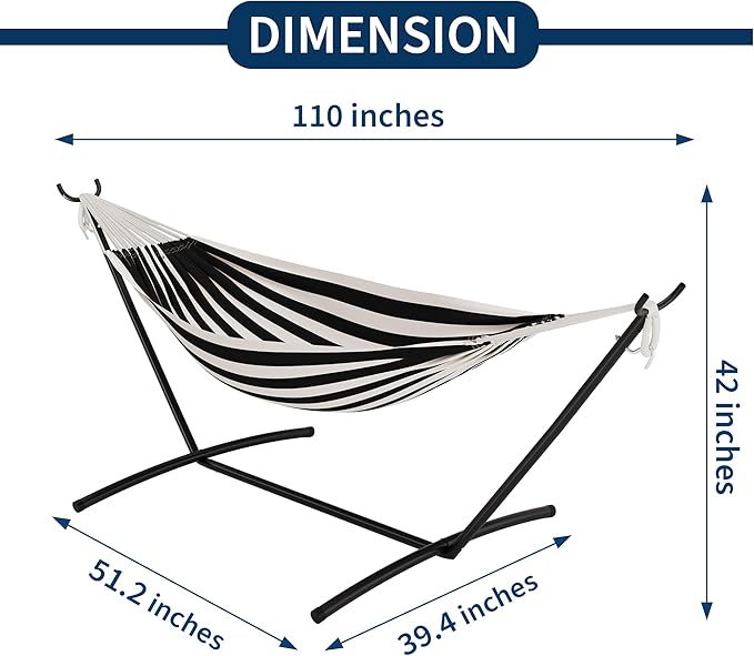 Double Hammock with Steel Stand - 2 Person Hammock Bed Indoor Outdoor, Brazilian-Style, with Carry Bag, 450lb Capacity, Portable & Easy Assembly, Black