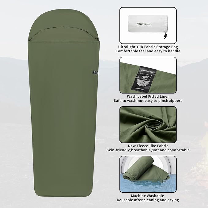 Naturehike 4.5oz Ultralight Washable Sleeping Bag Liner, Lightweight Adult Sleep Sack & Travel Sheets for Backpacking, Hotel, Camping, Hostels, ZY20