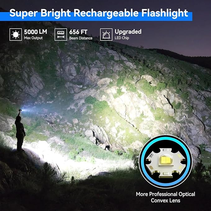 LETMY Rechargeable Flashlights High Lumens, 2 Pack 5000 Lumens Super Bright LED Tactical Flashlight, 3 Modes Samll Powerful Flash Lights with Clip, Waterproof Flashlights for Home Emergency Camping