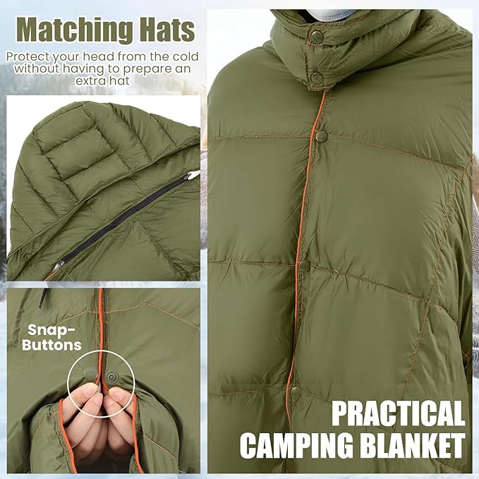 HunnmingRe Upgraded Hooded Down Camping Blanket Waterproof 650 Fill Puffy Poncho Blanket 77" x 50" Packable Wearable Sleeping Bag with Detachable Hat Outdoor Stadium Camping, 1.36 lb(Olive Green)