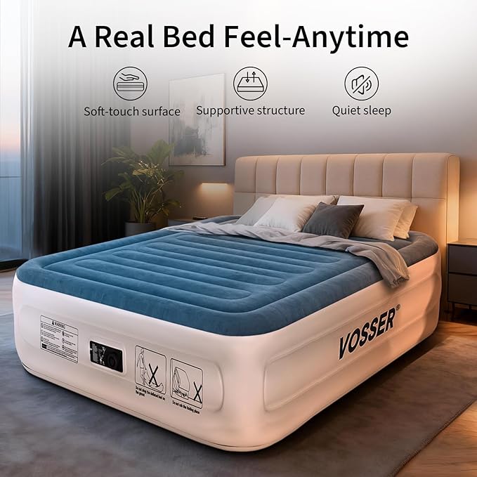 VOSSER Queen Air Mattress with Built-in Pump,18'' Raised Blow Up Mattress, Leak-Proof Air Bed with Storage Bag, Flocked Top Inflatable Mattress for Home, Camping & Guests，800lbs