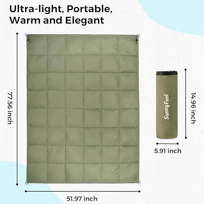SUNNYFEEL Outdoor Camping Blanket,52"x78", Lightweight Down Waterproof Nylon Blanket Quilt for Traveling Hiking Picnic Stadium Beach Party，Army Green