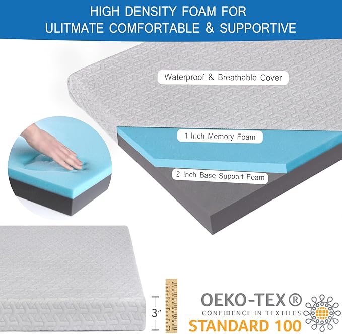 Memory Foam Camping Mattress Pad 3 Inch Thick, Portable Sleeping Pad with Waterproof Cover, Portable Roll Up Cot Mattress Pad Floor Mat for Travel Truck Bed Tent 72" x 24"x 3"