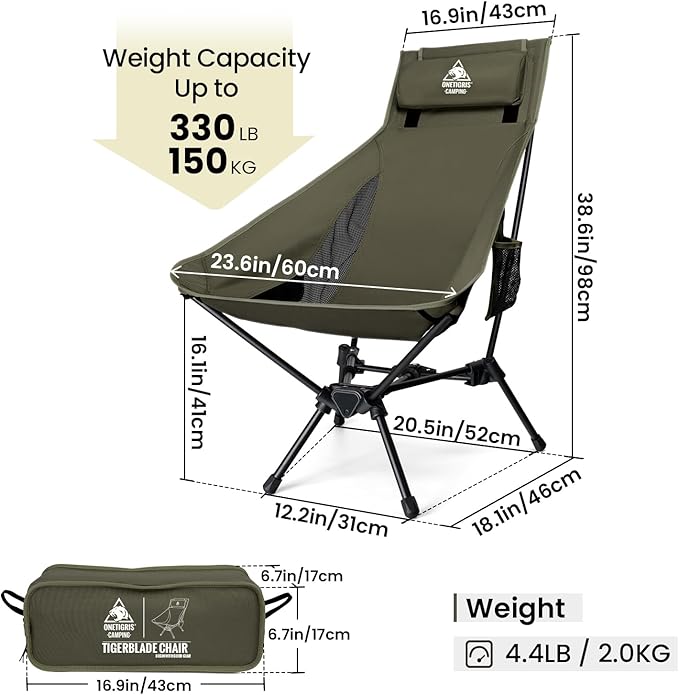 ONETIGRIS Tigerblade High Back Camping Chair with Pillow Design, Comfortable Widened Seat Folding Chair