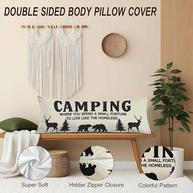 Funny Camping Body Pillow Cover Bear Deer Pine Trees Decorative Body Pillow Covers Long Pillow Cushion Case Zipper Body Pillowcase Soft Cushion Cover for Bedding,Couch,Home 20"X54"