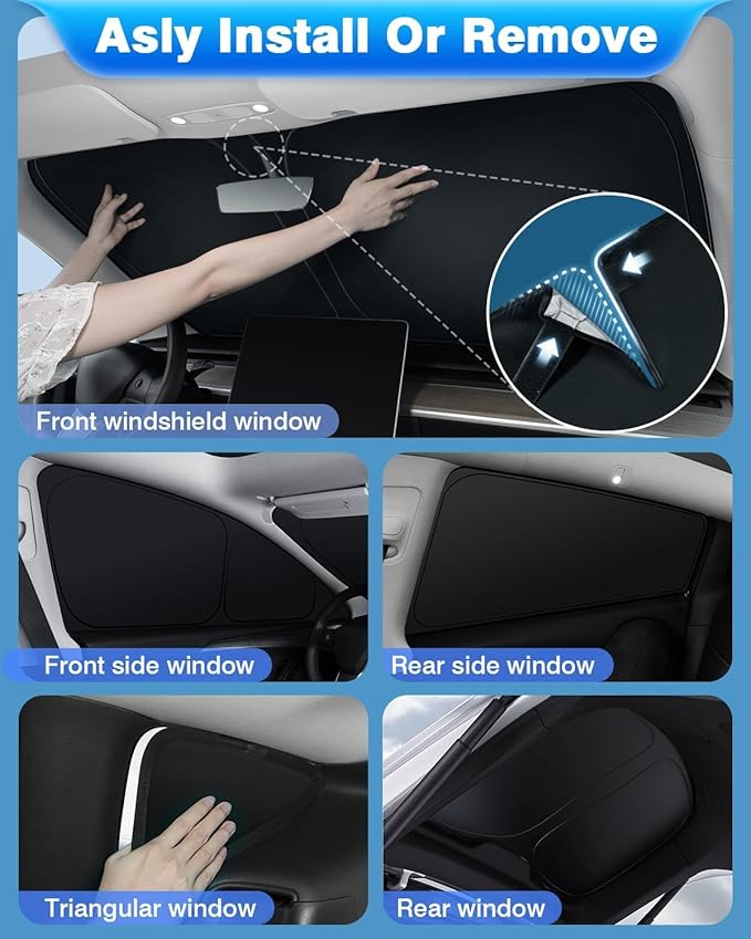 New Upgraded Window Shades for Tesla Model Y 2020-2025 Sun Protection UV-Resistant Fabric All-Round Sunshade Convenient Rest Accessories for Model Y Windshield Side Rear Silver & Black Full Set 8PCS