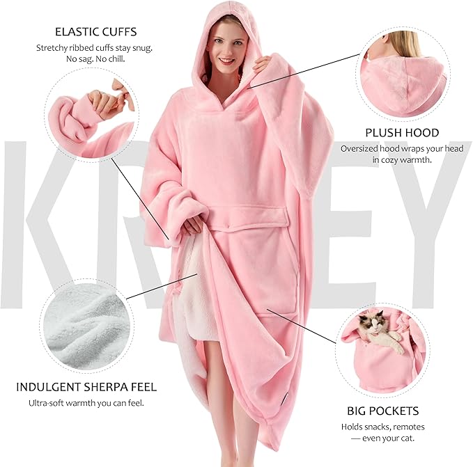 Krifey Big & Tall Wearable Blanket Hoodie with Cat Pocket, Extra Long Oversized Fleece Blanket for Adults, Cozy Birthday Gifts, Christmas Gifts