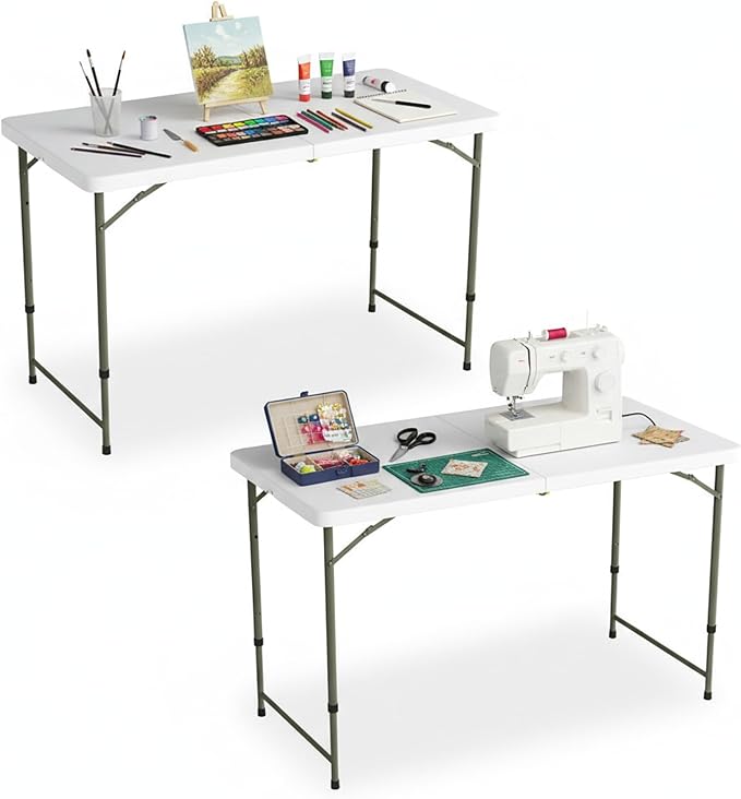 Lavish Home Portable Folding Tables - Lightweight Portable Folding Desk with Adjustable Height - 4-Foot Plastic Indoor & Outdoor Utility Tabletop for Camping, Crafting, or Tailgating (Set of 2/White)