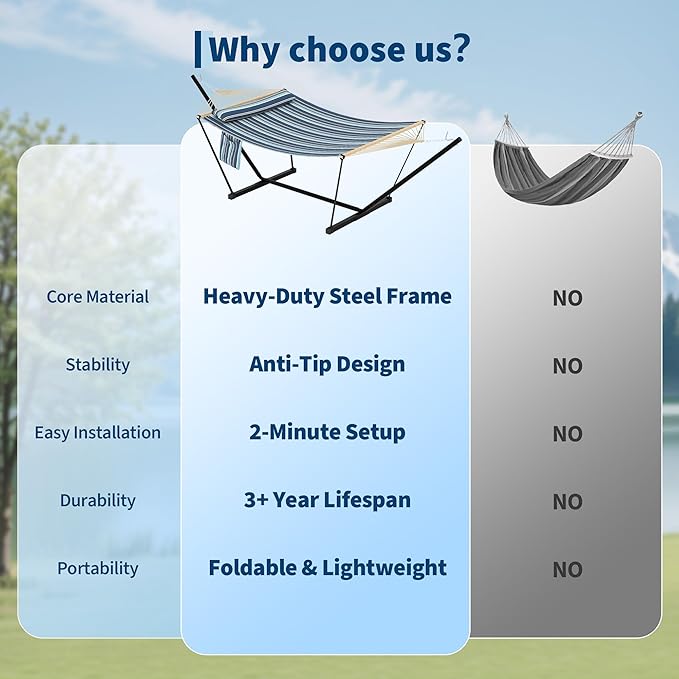 Garvee Double Hammock with Stand for Outdoor, Heavy Duty Portable 2 Person Hammock with Adjustable Steel Stand for Patio, Garden, Beach, Backyard