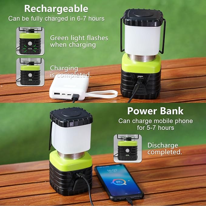 Jarxin 3PCS 6500K White Light LED Camping Lantern Rechargeable 1000LM, 4500mAh Power Bank, Flashlight for Hurricane Emergency, Hiking, IP44 Waterproof Lantern(Green)
