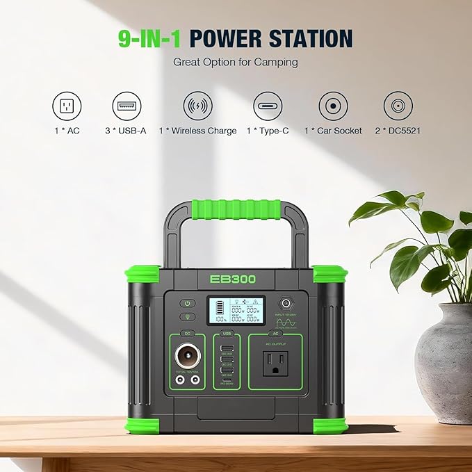 Portable Power Station 330W Solar Generator 288Wh, 60W USB-C PD Fast Charging, Pure Sine Wave AC Outlet, 5W Wireless Charger, LED for RV Camping, CPAP Emergency Backup & Off-Grid Living (Peak 600W)
