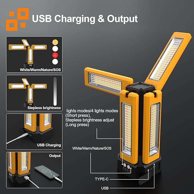 iodoo 13200mAh Rechargeable Solar Work Light,IPX4 Waterproof with Folding Stand Support and Portable Carrying Bag, 8000 Lumen Stepless Dimmable, 4 Lighting Modes, White/Warm/Warm White (Standard)