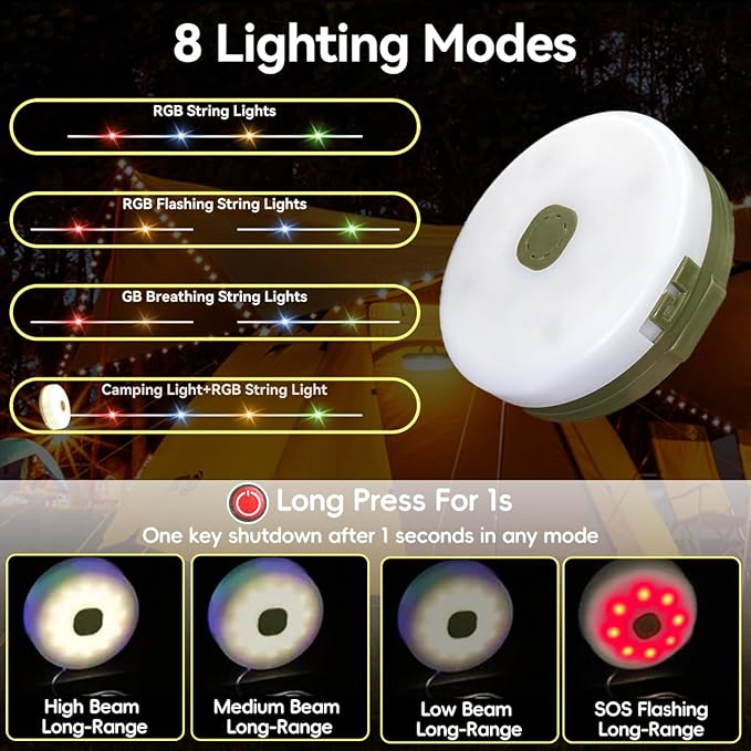 40FT Solar Camping String Lights, Rechargeable String Lights with 8 Modes, Waterproof Outdoor Lights with Delay Closure, Retractable Design & Hooks for Outdoor Patio Awning Garden Party Essentials