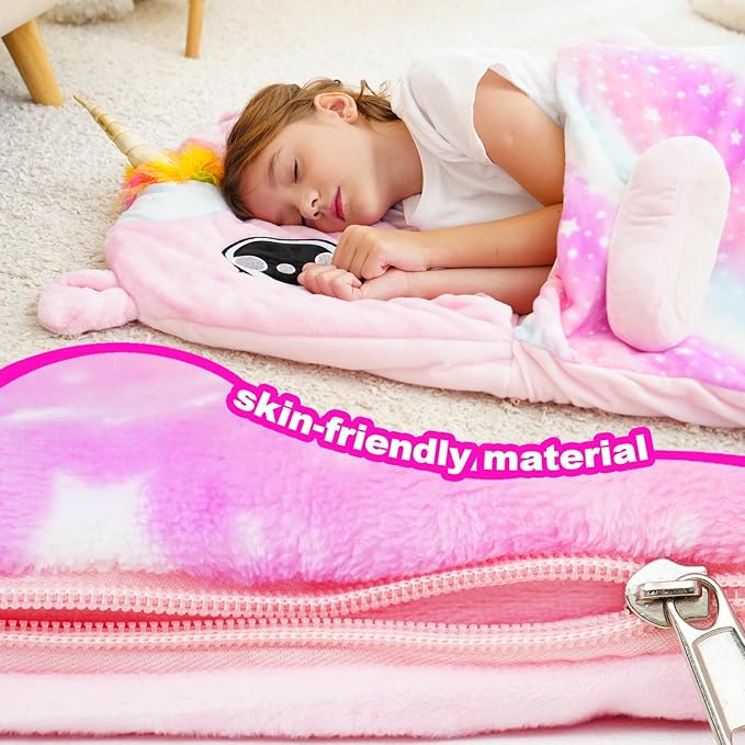 Kid Sleeping Bag with Pillow - Larger Nap Mat - Plush Slumber Bag for Boys Girls Daycare Preschool Kindergarten Birthday Gift Travel Sleepover Ages 3-12 Years