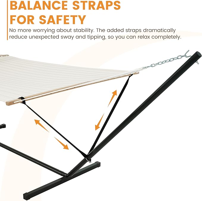 Lazy Daze Hammocks 2 Person Hammock with 12FT Stand for Outside, Quilted Double Hammock with Detachable Pillow, Balance Strap & Carrying Bag Included, 450lbs Capacity, Easy Tool-Free Assembly, Natural