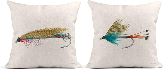 Set of 4 Linen Throw Pillow Cover Case Fishin Fish Hook Decorative Pillow Cases Covers Home Decor Square 18 x 18 Inches Pillowcases