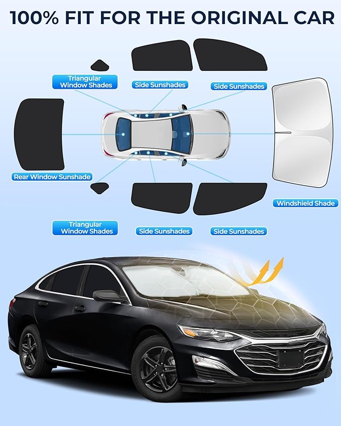 for Chevrolet Malibu 2016-2024 Car Window Shades, 8pcs Privacy Sun Shade Set for Front Windshield Side and Rear Windows, Full Window Covers Keeps Vehicle Cool for Camping Napping