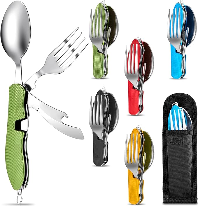 Folding Camping Utensil Set – Stainless Steel Spoon, Fork, Knife & Bottle Opener – Portable Outdoor Tableware, Backpacking Cutlery in Red, Green, Blue, Black, Gold(5 Pcs)