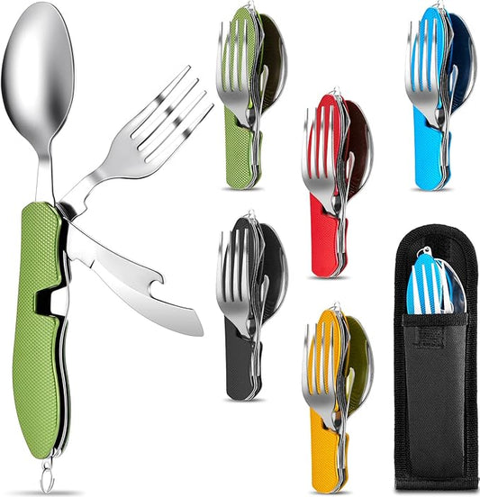 Folding Camping Utensil Set – Stainless Steel Spoon, Fork, Knife & Bottle Opener – Portable Outdoor Tableware, Backpacking Cutlery in Red, Green, Blue, Black, Gold(5 Pcs)