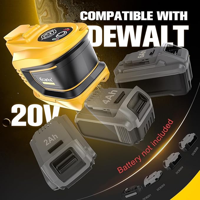 Ecarke 200W Portable Power Inverter Compatible with DeWALT 20V Battery, DC 20V to AC 110V Power Station with 1 AC Outlet, 2 USB, 1 Type-C & LED Light, for Outdoor Emergency Use (No Battery)
