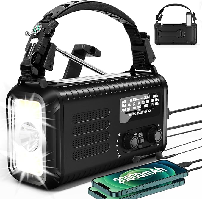 Hand Crank Emergency Radio, NOAA/AM/FM Weather, Solar Powered, 5000MAH Rechargeable Battery with USB Charging (Black)