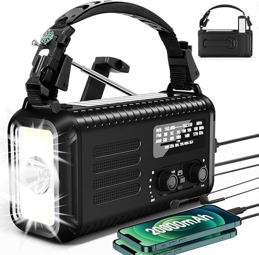 Hand Crank Emergency Radio, NOAA/AM/FM Weather, Solar Powered, 5000MAH Rechargeable Battery with USB Charging (Black)