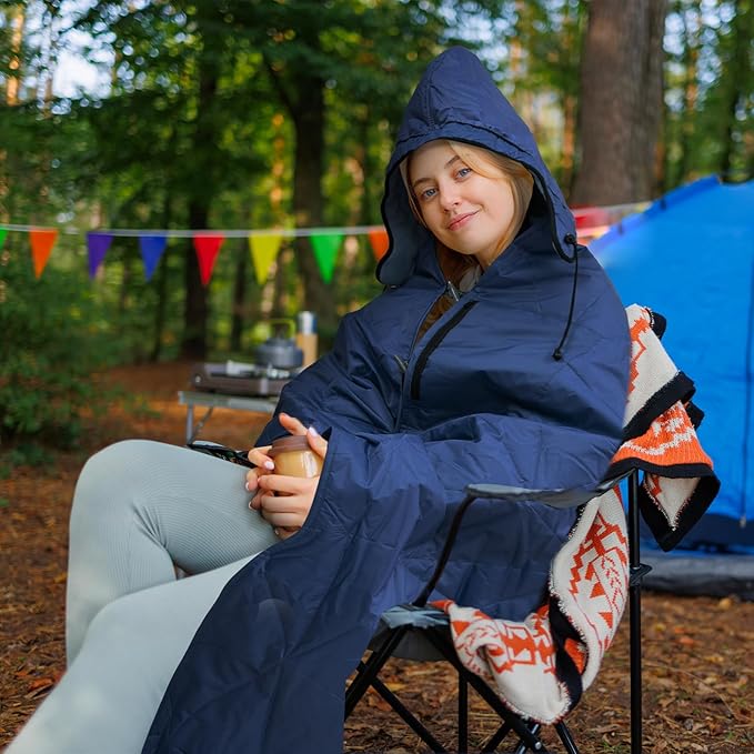 Large Outdoor Waterproof Blanket Extra Thick Fleece Stadium Blanket for Camping, Car, Pet, Picnics - Windproof, Wearable, Machine Washable 80" x 58" (Deep Blue,Hooded)
