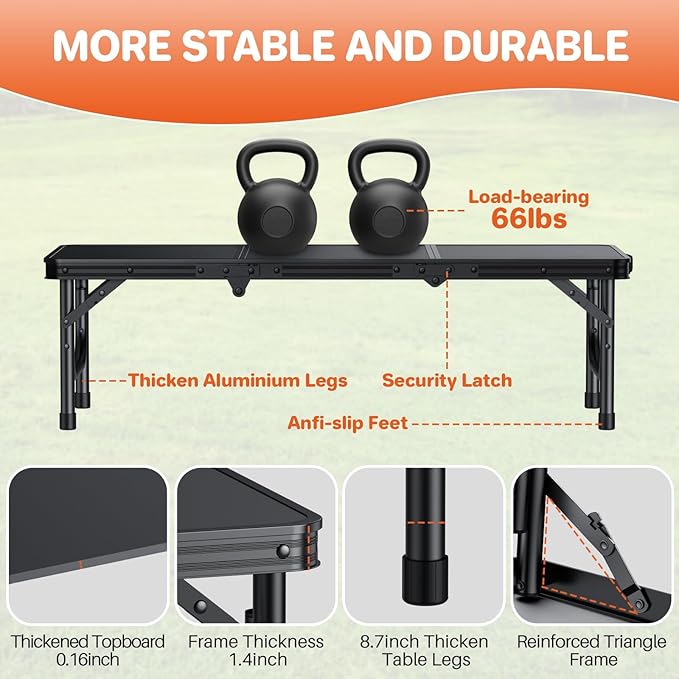 FUNYKICH 3ft Low Folding Camping Table with Carry Bag, 34.2'' Lx15.7'' W Portable Picnic Tables, Lightweight Thicker Aluminum Beach Table with Carry Handle for Beach, Camping, Picnic, Black