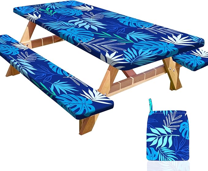 Picnic Table Cover with Bench Covers Portable Table Cloth Built-in Storage Pocket Fitted Tablecloth with Elastic Edges Waterproof Camping Essentials for Indoor Outdoor Rv,72in,Deep Blue