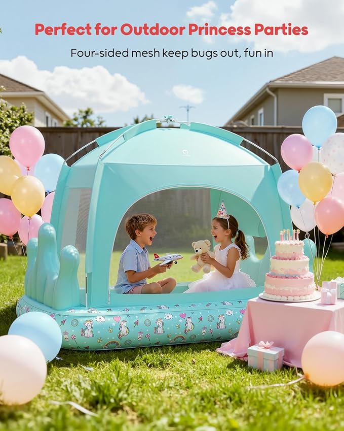 QPAU Princess Inflatable Toddler Bed with Tent, Blow Up Toddler Travel Bed with Sides, Portable Kids Air Mattress for Girls, Ideal for Home, Grandma’s, Camping & Sleepovers – Includes Electric Pump