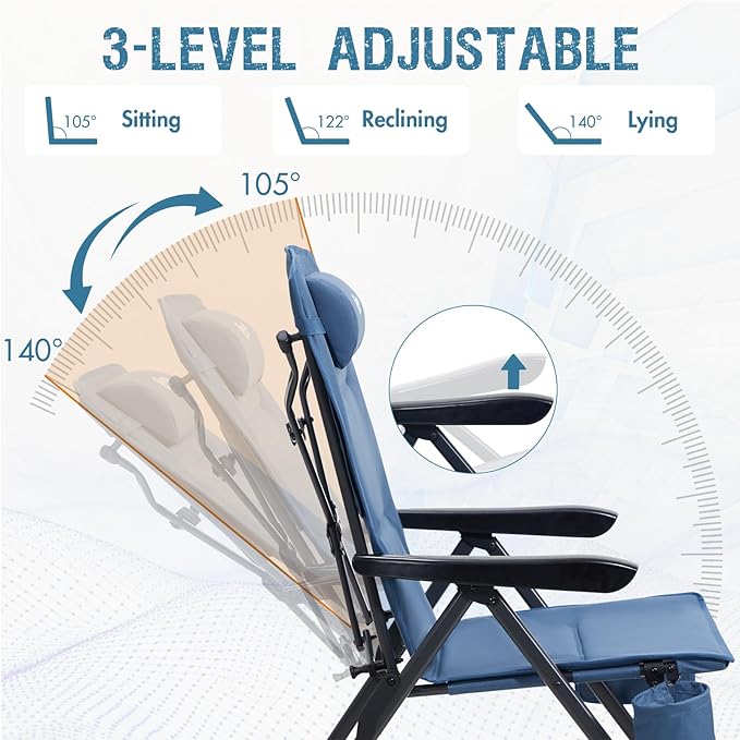 Portal Reclining Camping Chair with Adjustable Back Folding Camp Recliner for Adults Portable High Back Oversized, 350LBS (Blue)