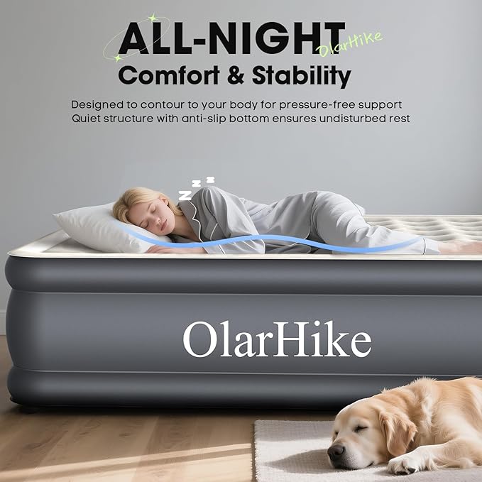OlarHike King Size Air Mattress with Built-in Pump, 18" Extra-Wide Raised Inflatable Air Bed for Home and Guests, Heavy-Duty Support for 2-4 Sleepers Up to 750 lbs