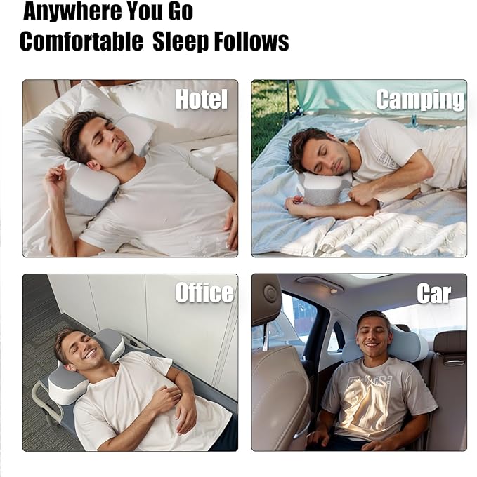 Bespilow Travel Pillow for Sleeping - Memory Foam Cervical Neck Support Pillow for Pain Relief, Camping Pillows for Side, Back and Stomach Sleepers, Cool Cover & Storage Bag for Backpacking,Road Trip