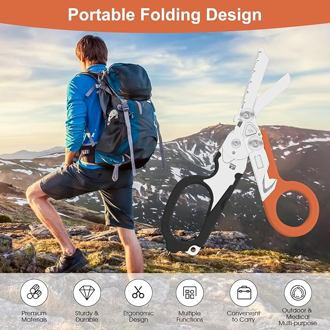 6-in-1 trauma shears - emergency responders, outdoor emergencies, medical staff, and outdoor camping, Gift box packaging with scissors storage K sheaths (Black Orange)