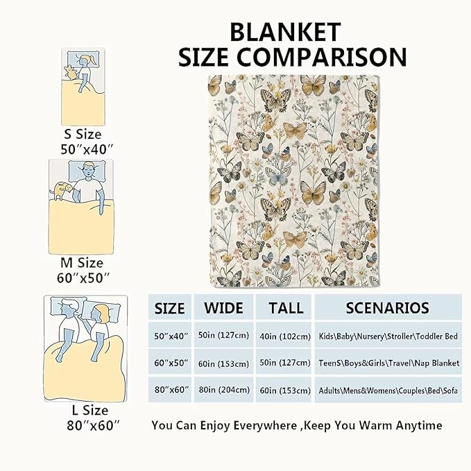 Vintage Butterfly Floral Blanket Elegant Retro Wildflowers Throw Blankets Gifts for Girls Women Adults Lightweight Soft Fleece Cozy for Sofa Couch Bed Room Travel Birthday Party Decor 40x50in