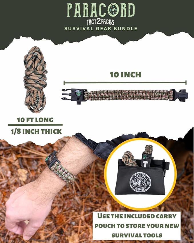 Tactiko Survival Bracelet & 10' Paracord Bundle – Fire Starter, Compass, Emergency Whistle, Mini Saw - Tactical Outdoor Survival Gear for Camping, Hiking, and Emergency Kits - U.S. Company