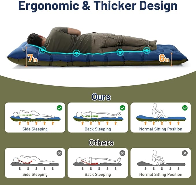 KASBAH Camping Sleeping Pad,Extra Wide 6 inch Thick Inflatable Sleeping Pads with Built-in Foot Pump and Pillow,Ultralight Camping Mat Gear for Outdoor Hiking,Camping