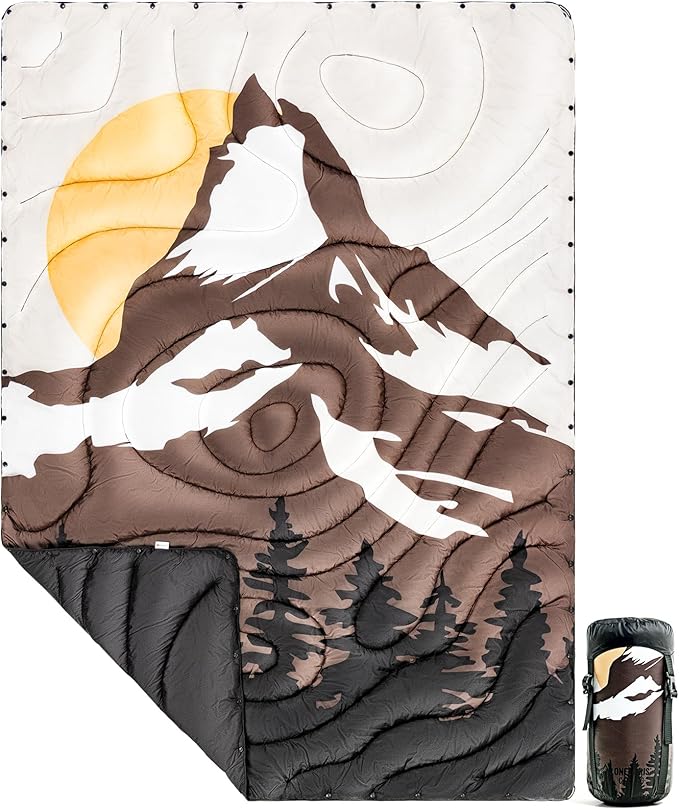 ONETIGRIS Ultralight Camping Blanket,Waterproof Stadium Blanket Poncho Packable Puffy Quilt Puffy Printed Camping Blanket with Snap Buttons & Corner Loops