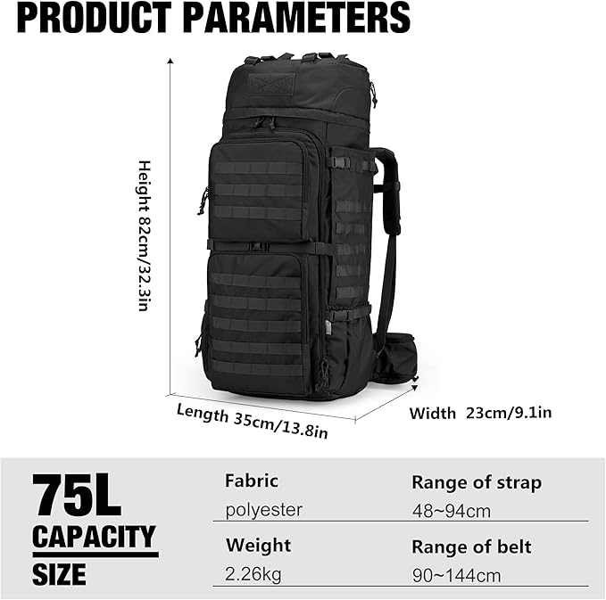 Mardingtop 75L Molle Hiking Internal Frame Backpacks with Rain Cover for Camping,Backpacking,Travelling(Black)