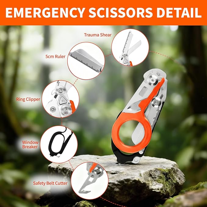 Folding Trauma Shears for EMT Accessories, 6 in 1 Multi-function Medical Shears with Holster for Outdoor Camping, Emergency Rescue, First Responders (Black-Orange)