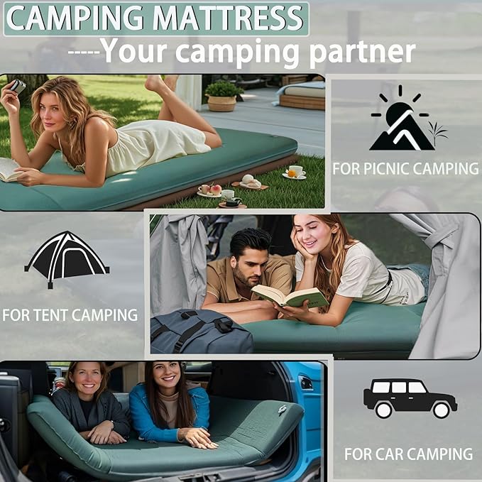 LINKET Self Inflating Sleeping Pad: Sleeping Pad with Electric Pump 3.14" Ultra-Thick Memory Foam & Built-in Pillow All Season Camping Mattress for Tent Travel Car - Self Inflating Air Mattress Green