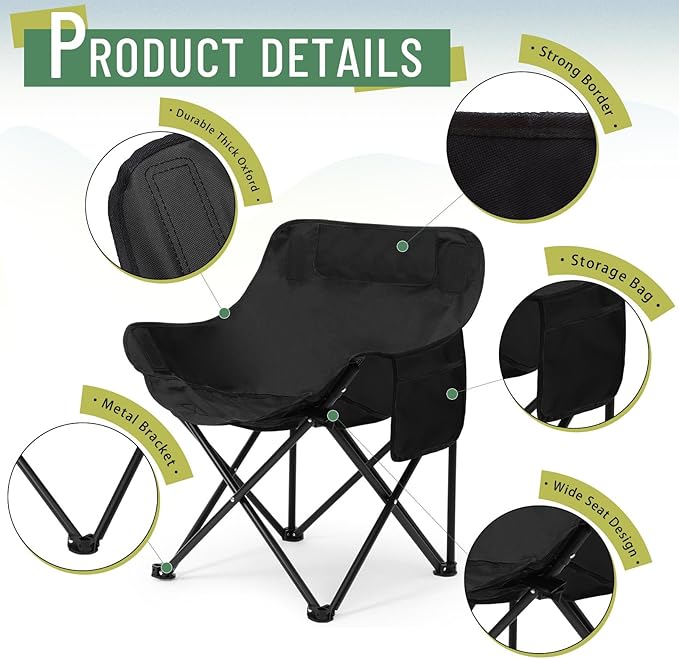 2 Pack Compact Camping Chairs Portable Folding for Outside with Carry Bag Lightweight Moon Chairs for Travel Picnic Hiking Beach Fishing, 600D Oxford, Supports 330lbs(Grey, Black)