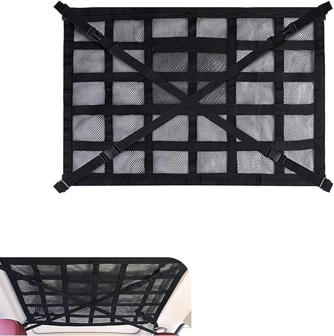WZP Car Ceiling Cargo Net, 31.5" x 21.6" Double-Layer Mesh Car Roof Storage Ceiling Cargo Net with Adjustable D-Buckle, Universal Auto Accessories for SUVs, Road Trips, Camping Essentials