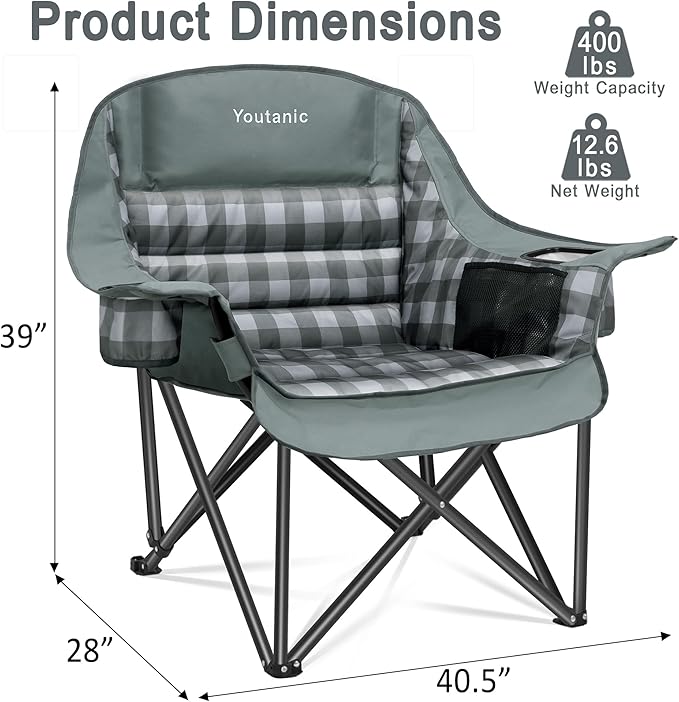 Youtanic Padded Camping Chairs for Adults, Heavy Duty 400 lbs Foldable Lawn Chair, Oversized Ergonomic Outdoor Seat with Classic Plaid Design, Cup Holders & Storage Pockets for Fishing, Sports, Gray