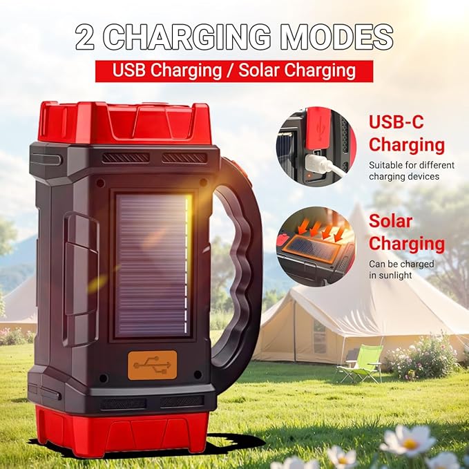 NAKCNM Solar Rechargeable High Lumen Flashlight & LED Lantern - 4 Mode Waterproof Flashlight with USB-C Input/Output for Camping, Hiking, Emergencies and Outdoor Work