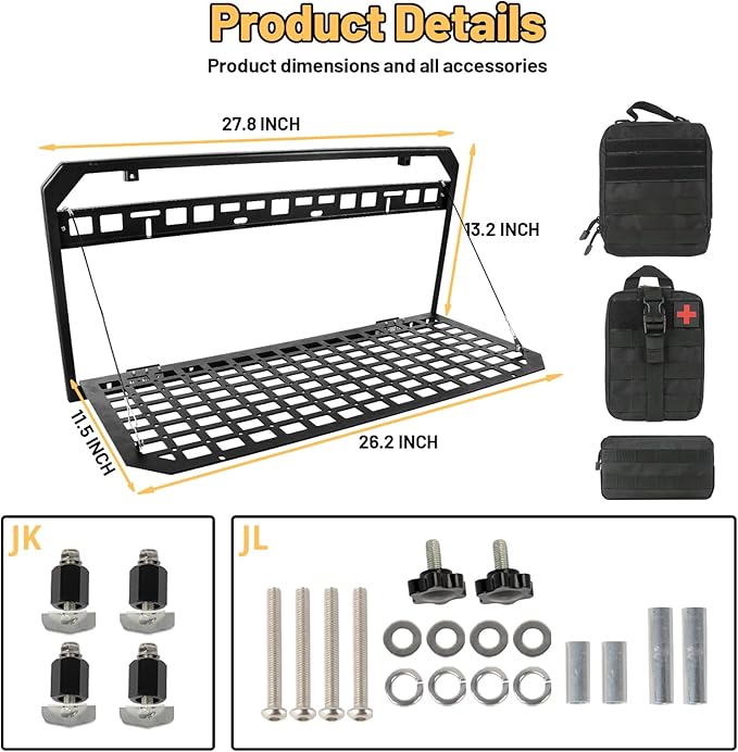 Tailgate Table Rear Storage Cargo Rack Compatible with 2017-2024 Jeep Wrangler JKU &JL JLU Foldable Storage Shelf MOLLE Panel with 3 Storage Bags(Not fit with Low Speaker JK Models)