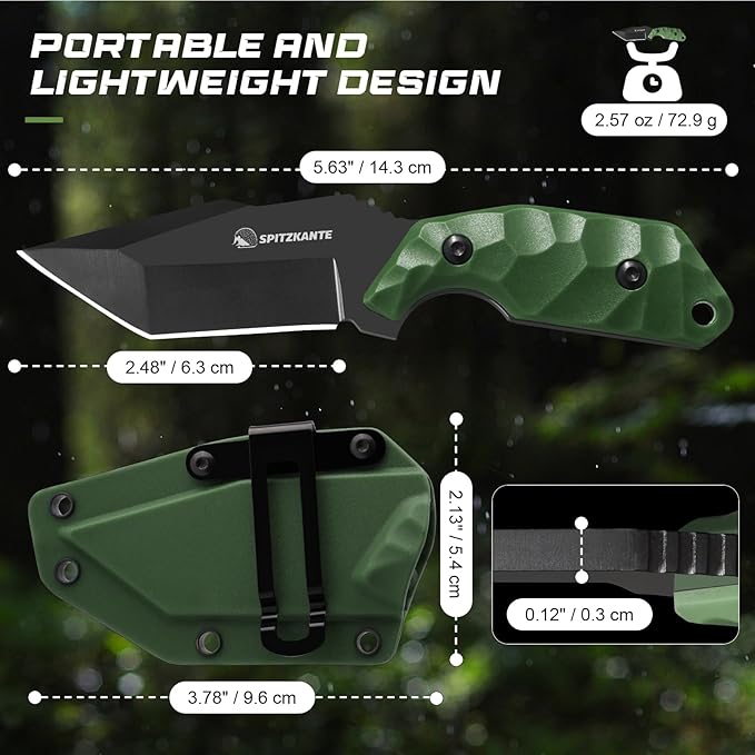 Neck Knife with Sheath and Necklace X-TAN-K, Full Tang Tanto Knife with 5Cr14MoV Steel Blade and Green ABS Handle, Horizontal Carry Knives