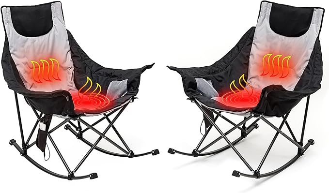 SUNNYFEEL Oversized Heated Rocking Camping Chair 2 Pack, Fully Padded Patio Chair with Side Pocket, High Back Portable Lawn Recliner with Carry Bag, Outdoor Rocker Chair for Adults Heavy Duty 500 LBS